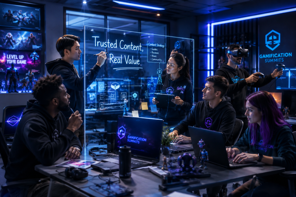 Trusted gaming content team collaborating in a modern VR and gaming technology studio at Gamification Summits