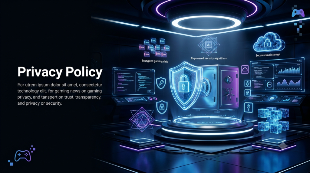 Gamification Summits Privacy Policy with secure data protection and online privacy illustration.