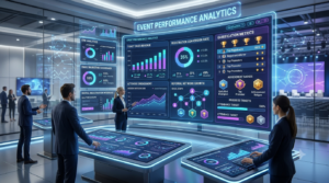 3D illustration of a modern event analytics dashboard with blue and purple neon holographic metrics, ticket sales graphs, and gamification UI.