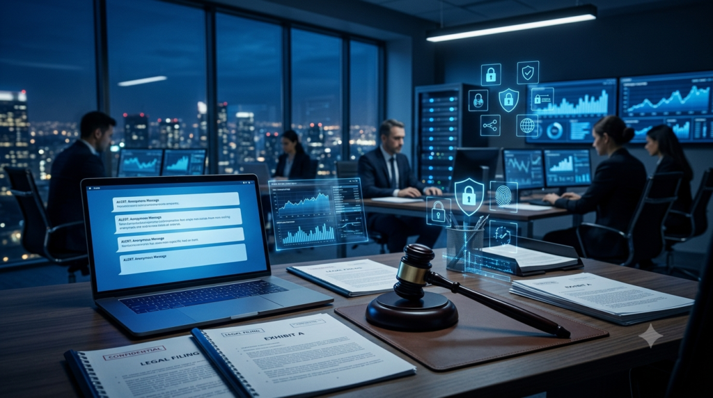 Concept illustration of a corporate cyberstalking lawsuit showing legal documents, a judge's gavel, cybersecurity dashboards, and a business office.
