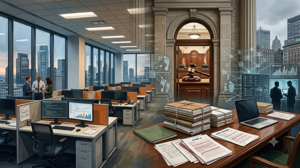 Concept illustration of a corporate legal investigation with office workspace and courtroom scene.