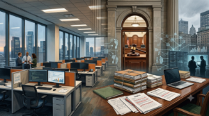 Corporate office and courtroom concept illustration representing the eBay cyberstalking lawsuit, legal investigation, and corporate accountability.