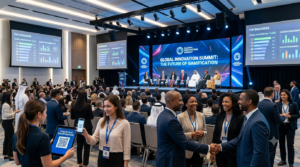 Gamification Summit Ticket Sales conference featuring attendees networking, QR code registration, gamification dashboards, and live event engagement.