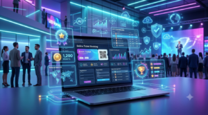 Modern laptop displaying a gamified event ticketing platform with analytics and digital QR tickets at a tech summit.
