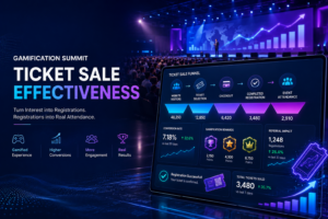Gamification Summit ticket sale effectiveness dashboard showing ticket conversion funnel and event registration growth